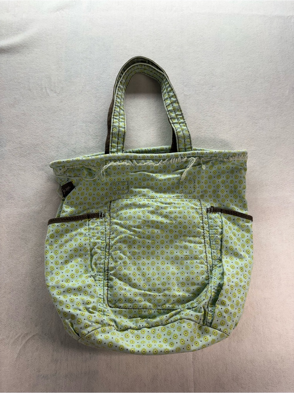 Thirty-One Quilted Tote Bag Mint Green Floral Print Brown Trim Organizer Purse - Picture 4 of 9